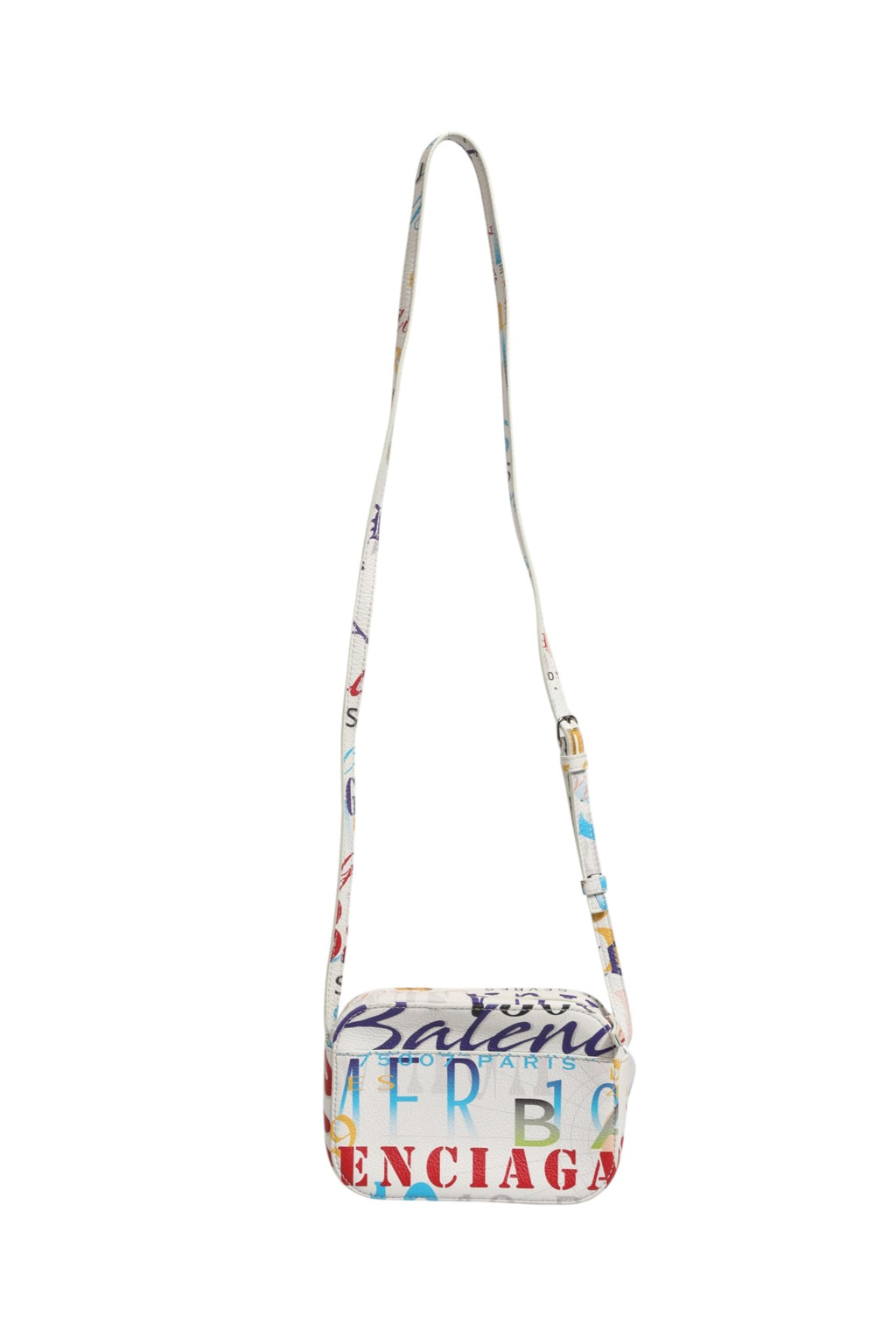 Sac à main Balenciaga Mini City en cuir blanc avec motif graffiti, élégant et compact, pour un style moderne et sophistiqué.