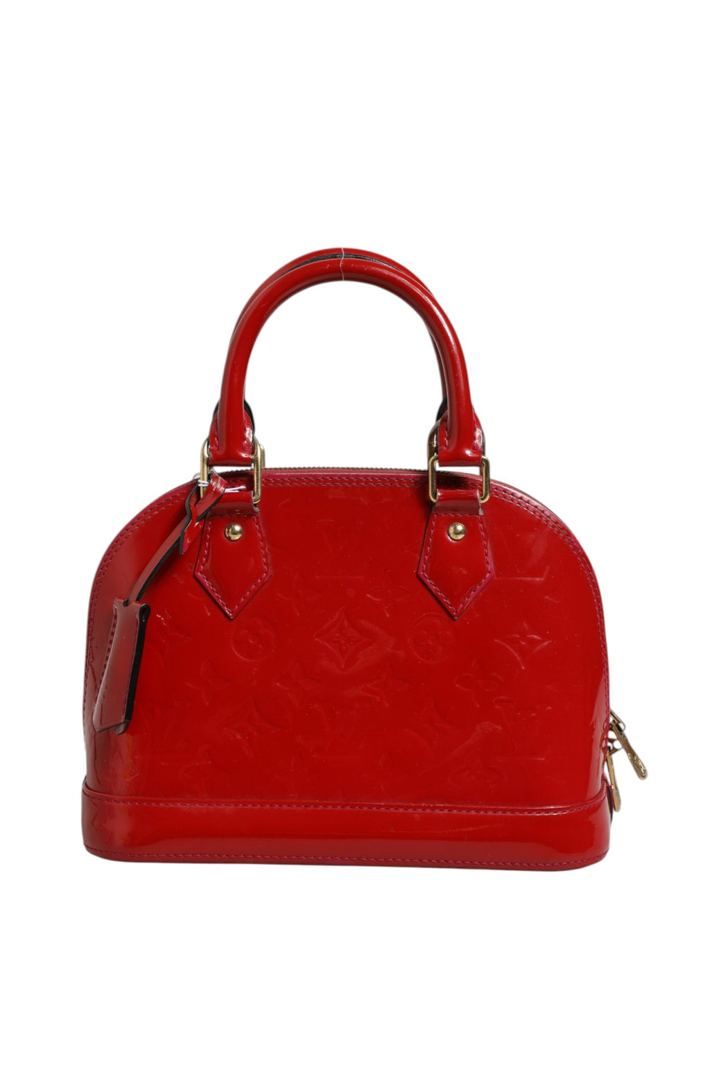 Sac à main Louis Vuitton Alma BB en vernis Monogram Pomme D'Amour, avec poignée courte et fermeture métallique.