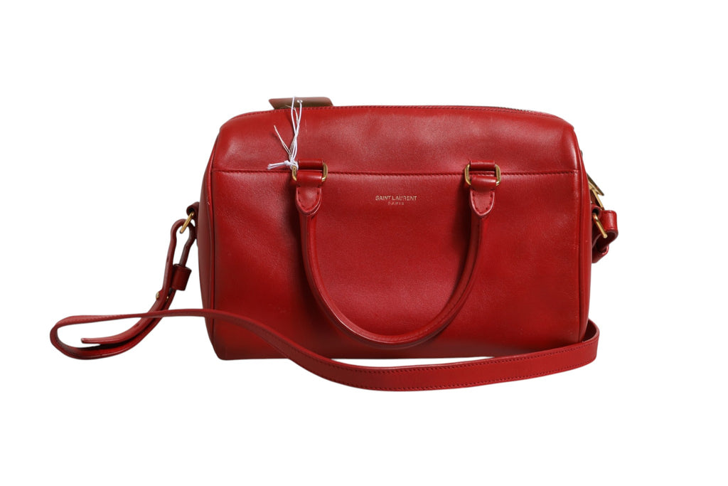 Sac à bandoulière Saint Laurent Classic Baby Duffle en cuir noir avec poignées et logo emblématique, vue de face.