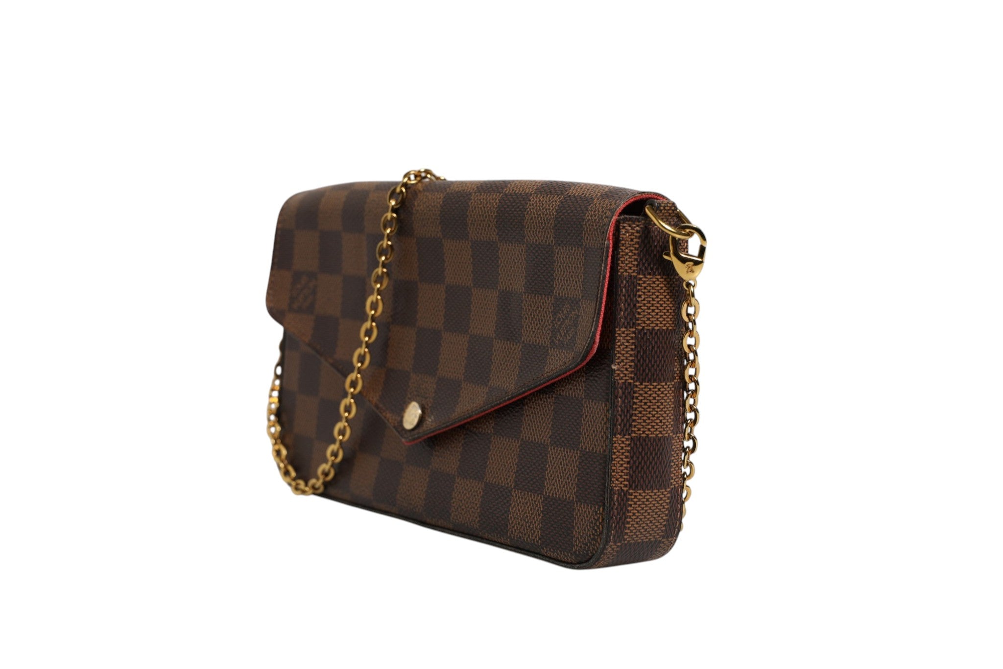 Pochette Felice chaîne en Damier Ebene de Louis Vuitton, portefeuille compact en cuir avec motif damier et chaîne métallique.