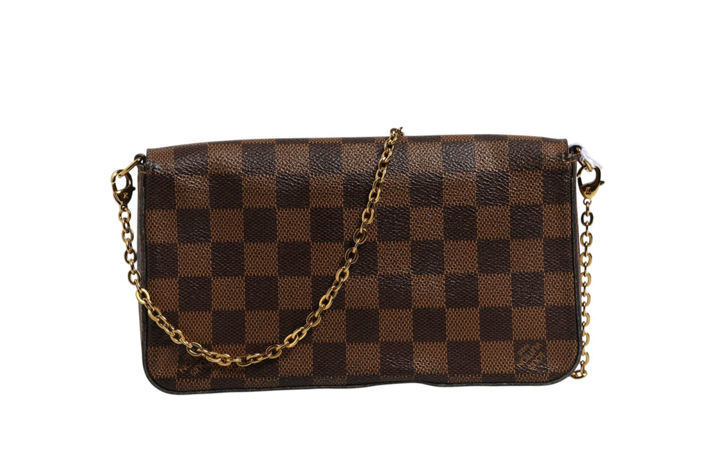 Pochette Felice chaîne Louis Vuitton Damier Ebene, portefeuille en toile à motif carreaux, avec chaîne en or et fermeture élégante.