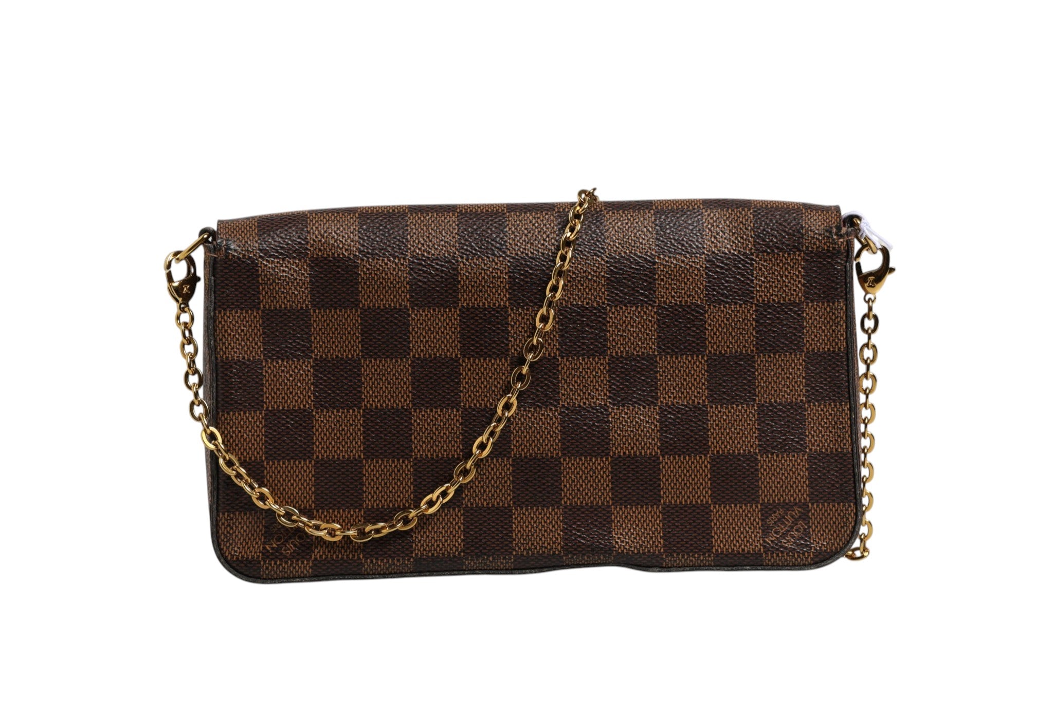 Pochette Felice chaîne Louis Vuitton Damier Ebene, portefeuille en toile à motif carreaux, avec chaîne en or et fermeture élégante.