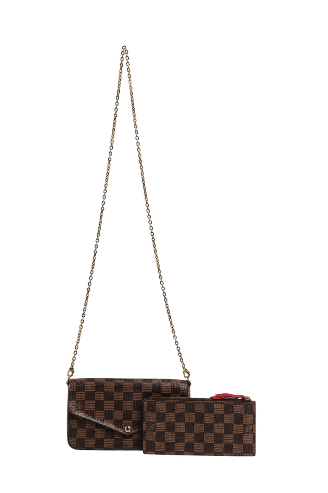 Portefeuille Louis Vuitton Felice en toile Damier Ebene avec chaîne, intérieur spacieux et finition élégante.