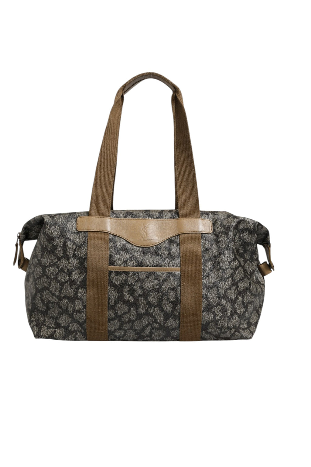 Sac de voyage en toile Saint Laurent à motif vert et marron, avec poignées et fermeture zippée.