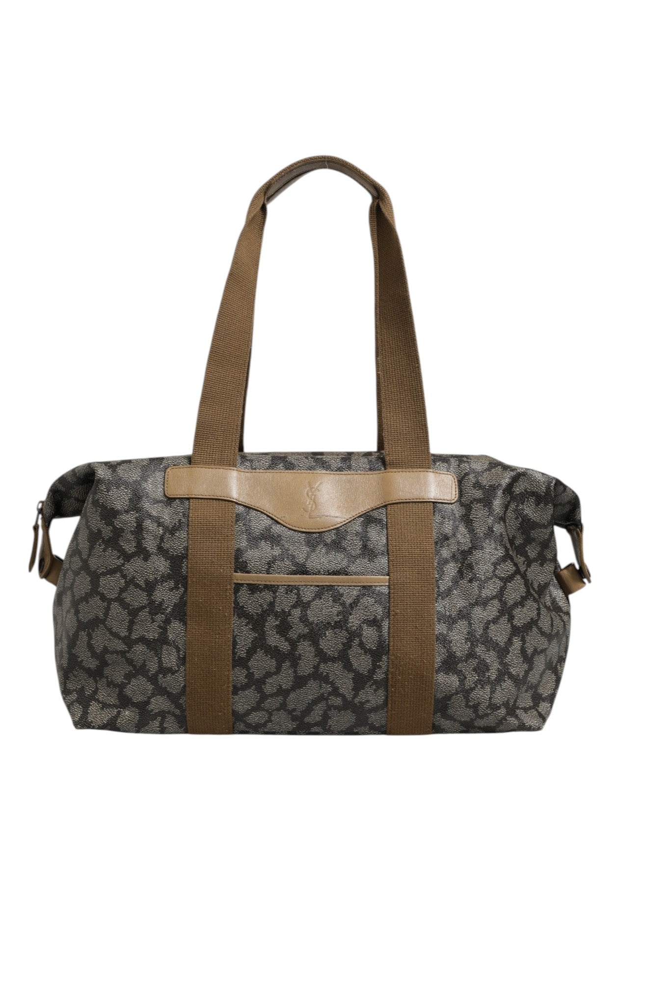 Sac de voyage en toile Saint Laurent à motif vert et marron, avec poignées et fermeture zippée.