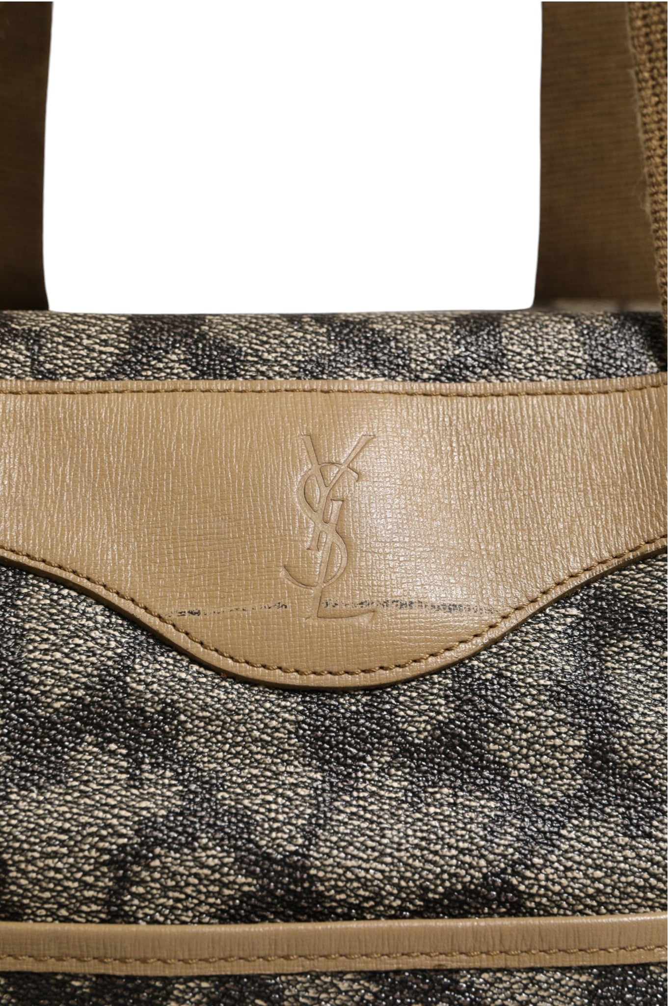 Sac de voyage en toile Saint Laurent à motif vert et brun, bagage en canvas avec poignées et fermeture robuste.