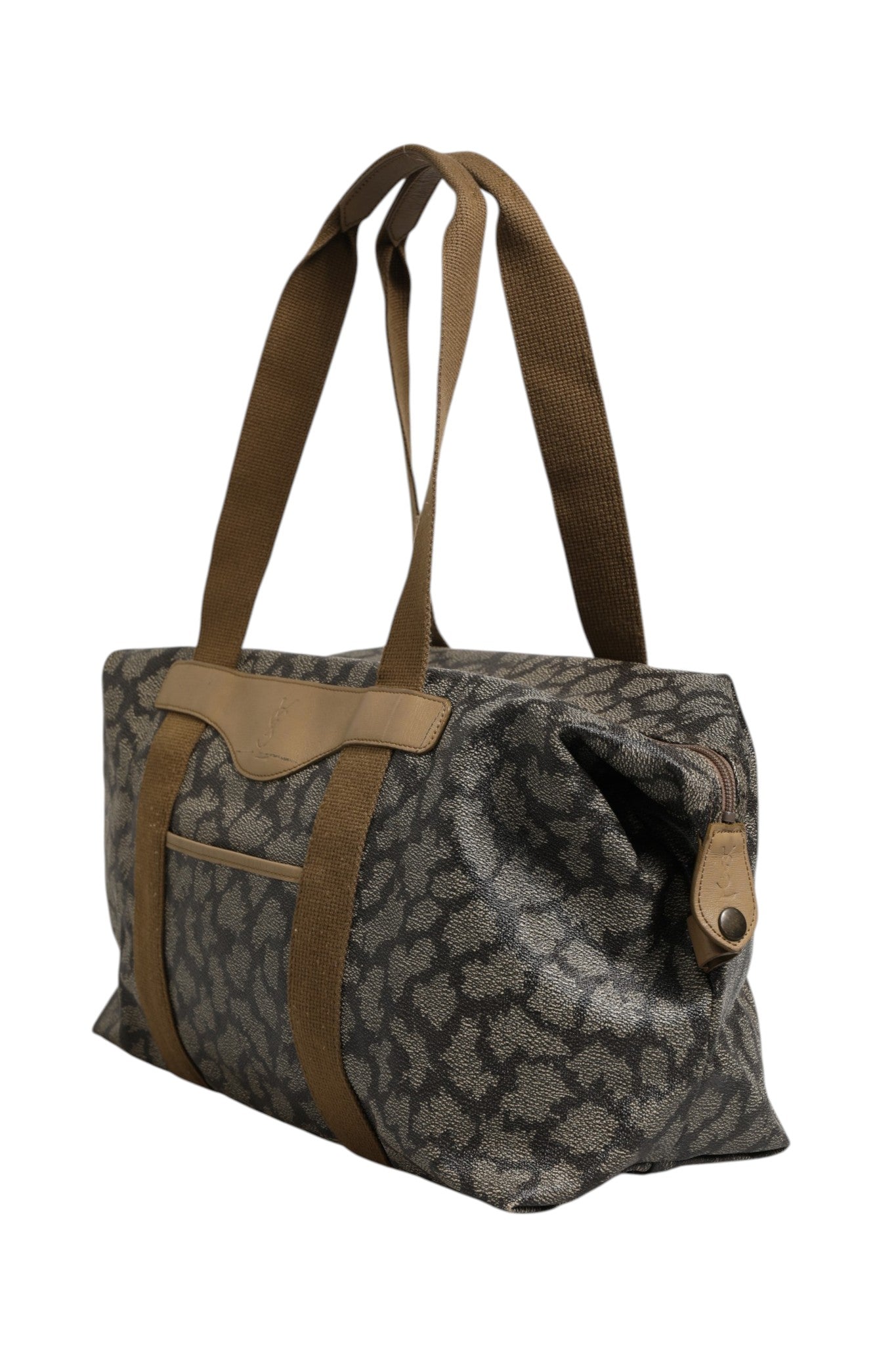 Sac de voyage en toile à motif vert et marron Saint Laurent, format duffel, style élégant et pratique pour les voyages.