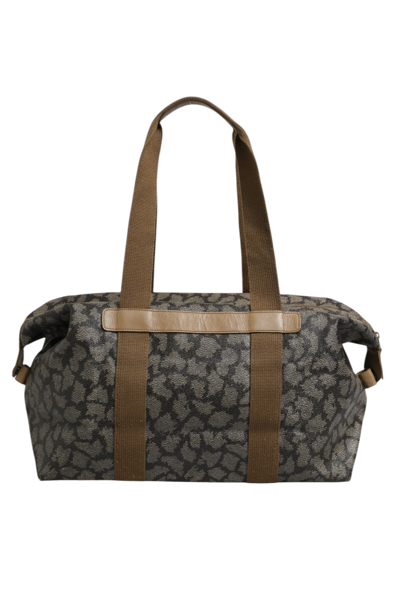 Sac de voyage en toile Saint Laurent à motif vert et marron, avec poignées en cuir et fermeture éclair.