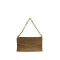 Sac à main Gucci en cuir suédé marron, élégant et sophistiqué, avec détails en or et poignée robuste.