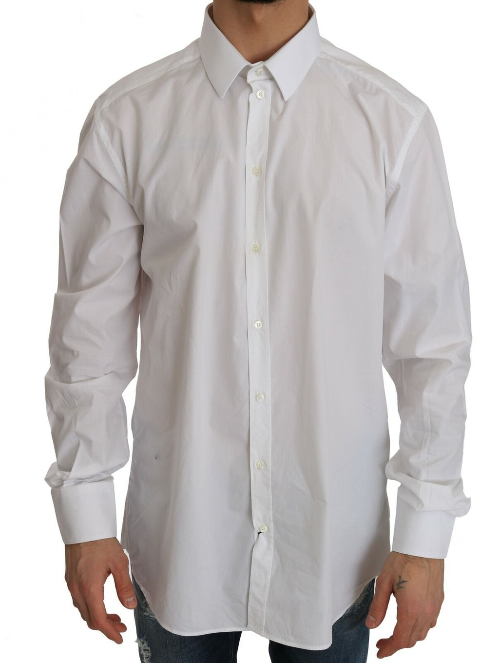 Chemise slim blanche Dolce & Gabbana en coton 100 % avec détails dorés visible sur l'image.