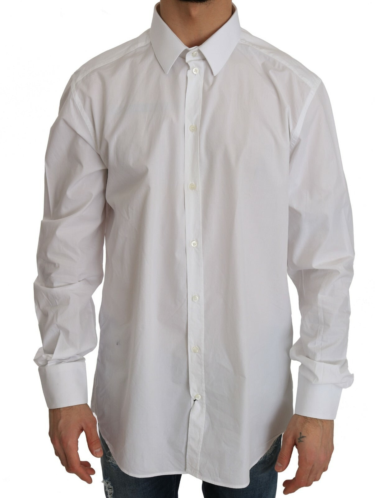 Chemise slim blanche Dolce & Gabbana en coton 100 % avec détails dorés visible sur l'image.