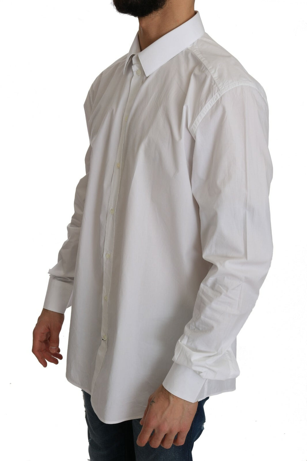 Chemise élégante Dolce & Gabbana blanche en coton 100 % avec boutons dorés, coupe slim, pour homme.
