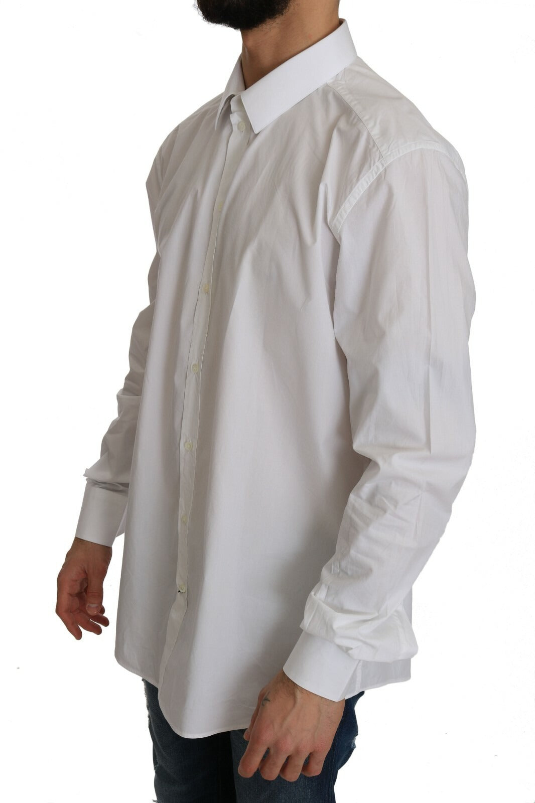 Chemise élégante Dolce & Gabbana blanche en coton 100 % avec boutons dorés, coupe slim, pour homme.
