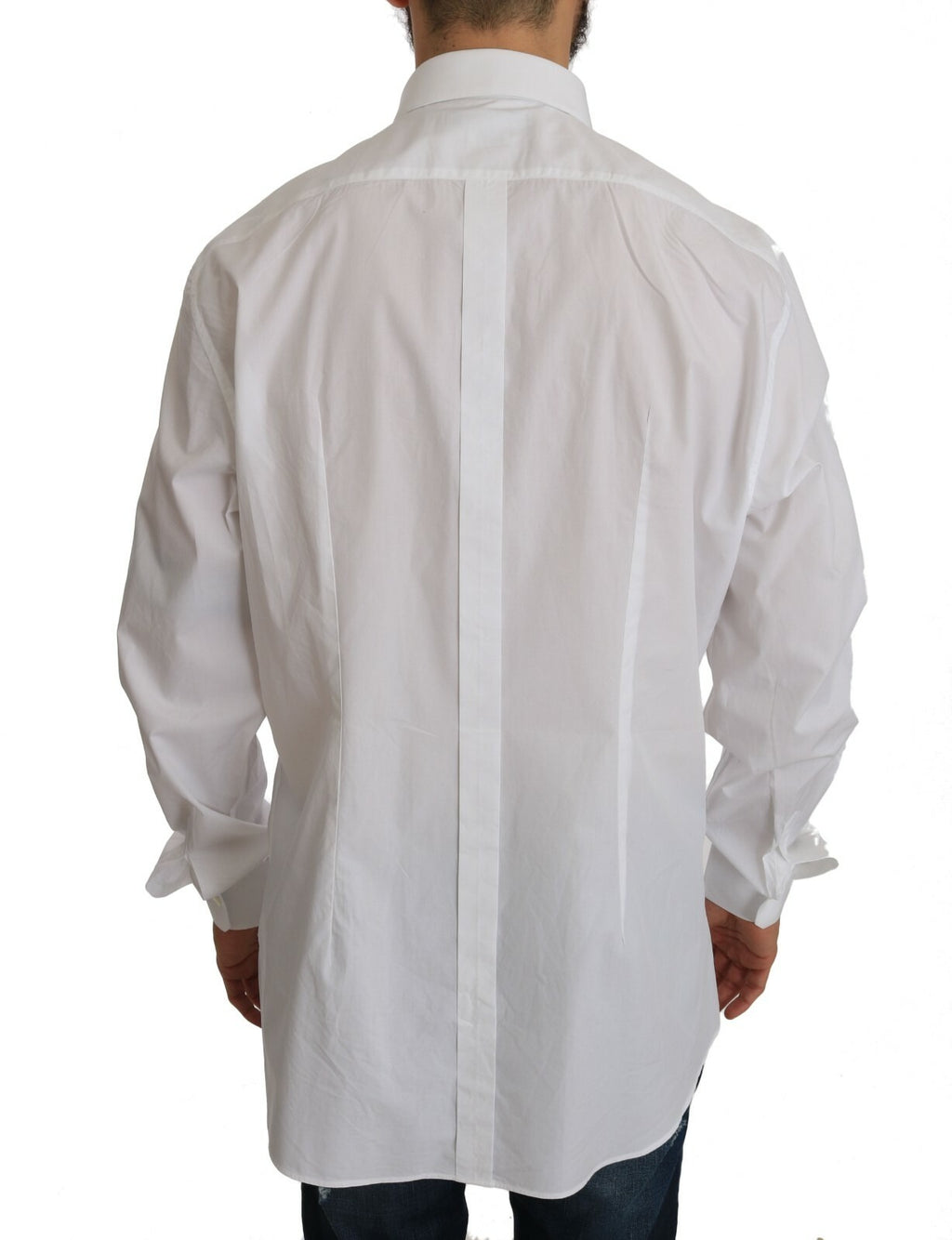 Chemise slim blanche Dolce & Gabbana en coton 100 % avec détails dorés, vue de face sur fond blanc.