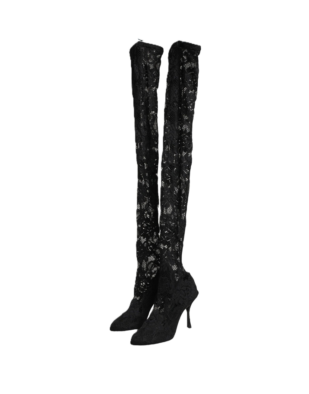 Chaussures Dolce & Gabbana Taormina en dentelle noire, bottines à talons, élégantes et sophistiquées pour femmes.