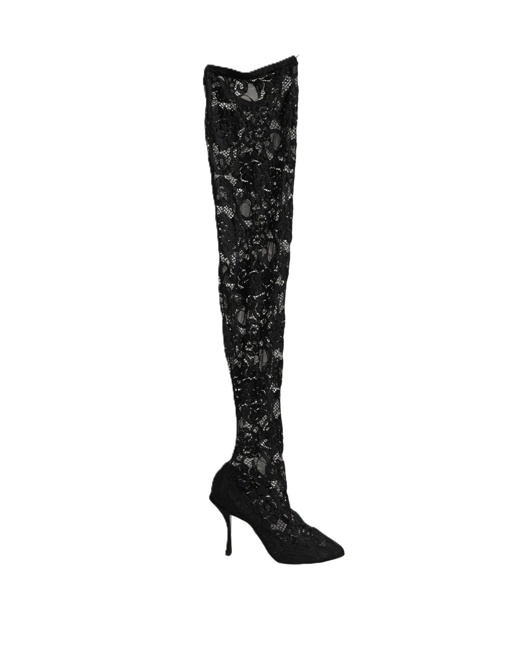 Bottes Dolce & Gabbana Taormina en dentelle noire, chaussettes et talons pump, chaussures élégantes pour femme.