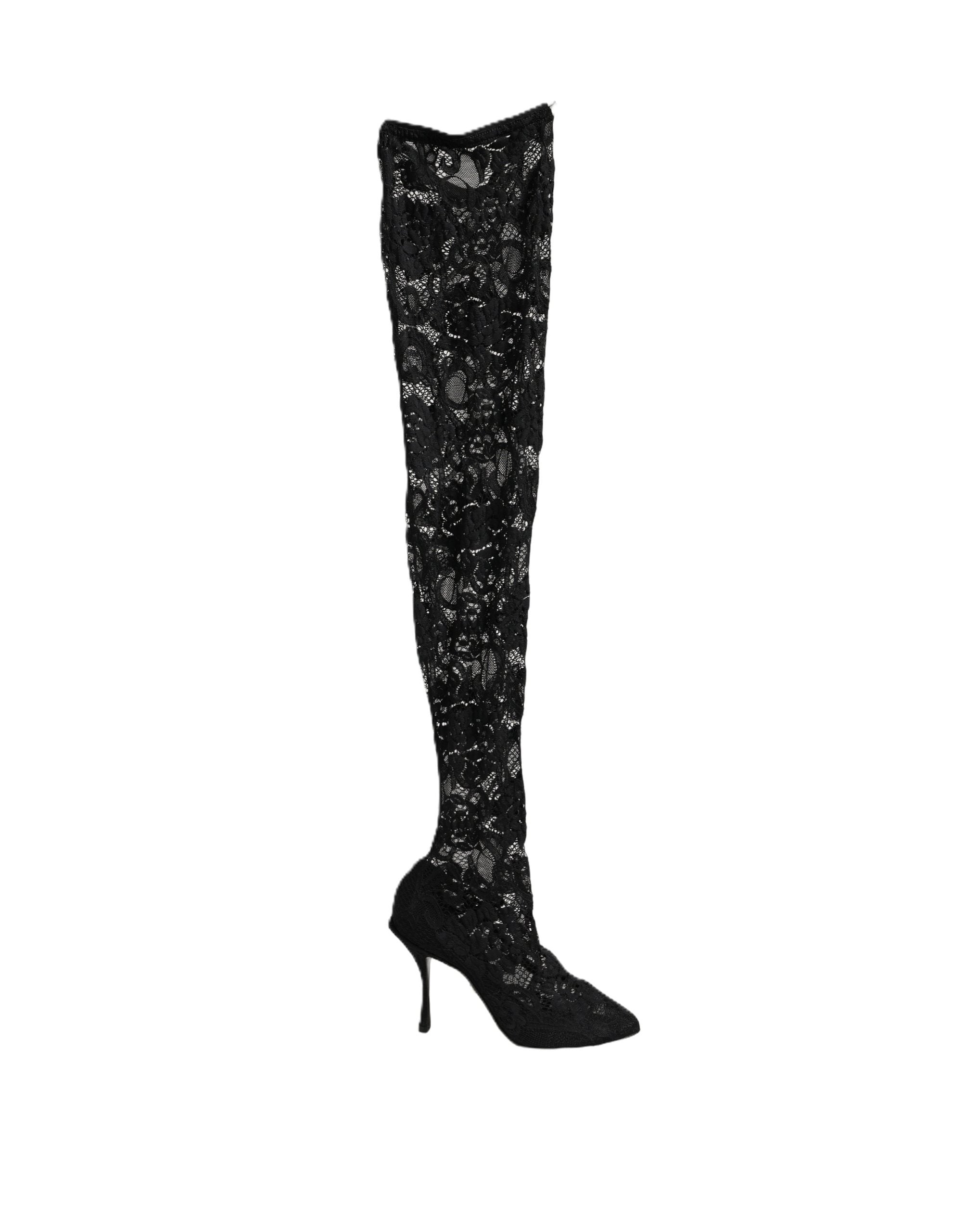 Bottes Dolce & Gabbana Taormina en dentelle noire, chaussettes et talons pump, chaussures élégantes pour femme.