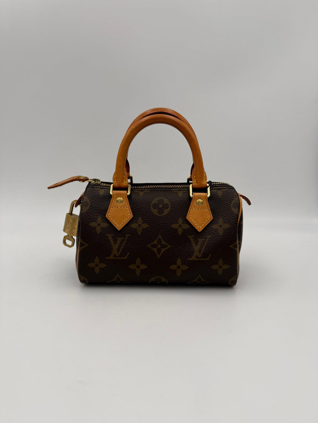 Sac à main nano Speedy Louis Vuitton Monogram en cuir avec poignées en cuir et logo LV visible.
