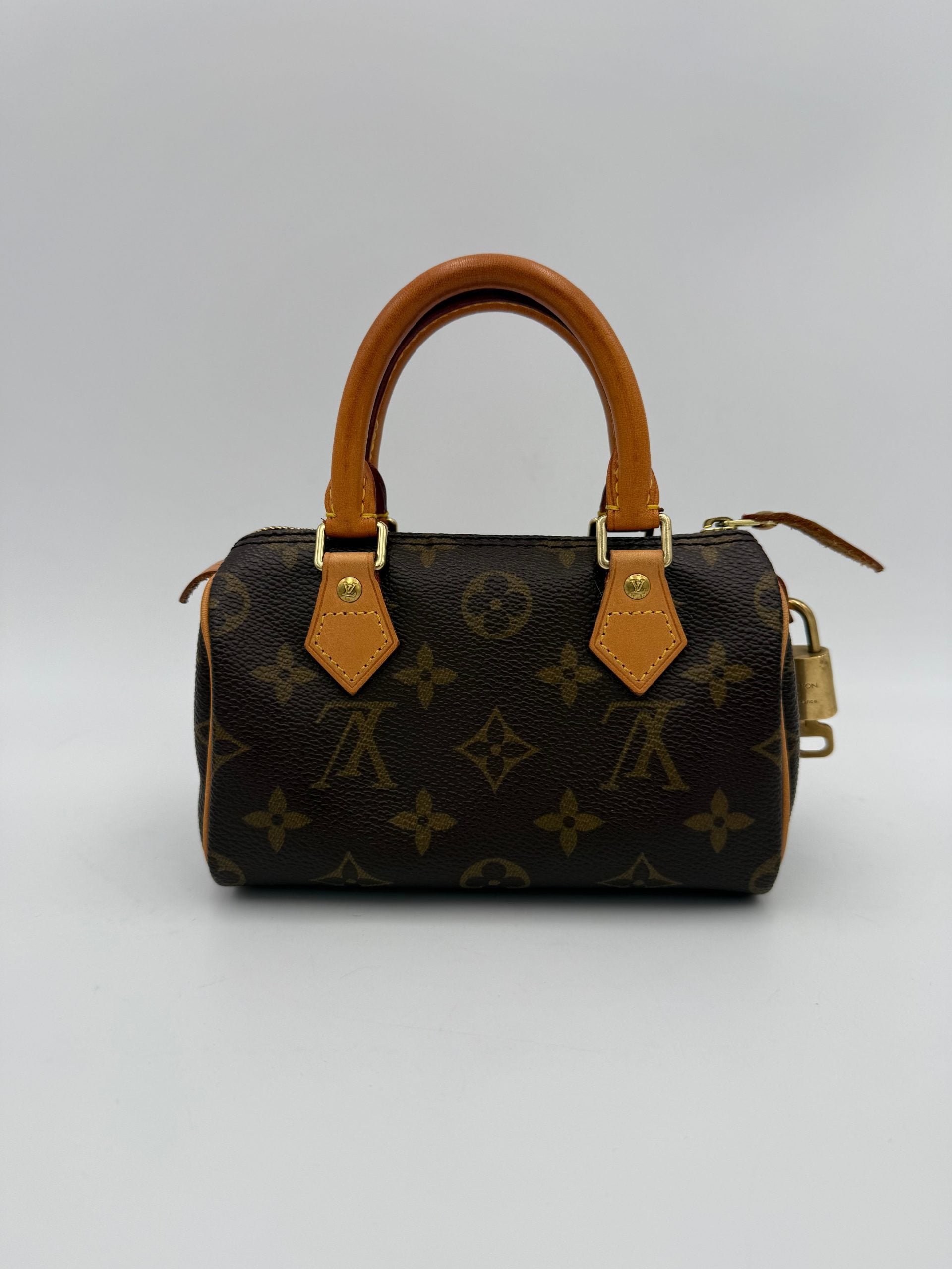 Sac à main Louis Vuitton Nano Speedy Monogram en toile avec poignée en cuir et logo LV visible.