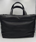 Grand sac shopping Saint Laurent en cuir d'agneau avec logo emblématique, noir et élégant, vue de face.