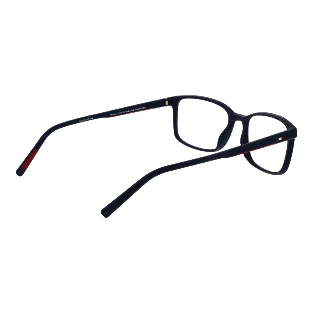 Lunettes Tommy Hilfiger en polyamide bleue avec monture élégante, vues de face sur fond blanc.