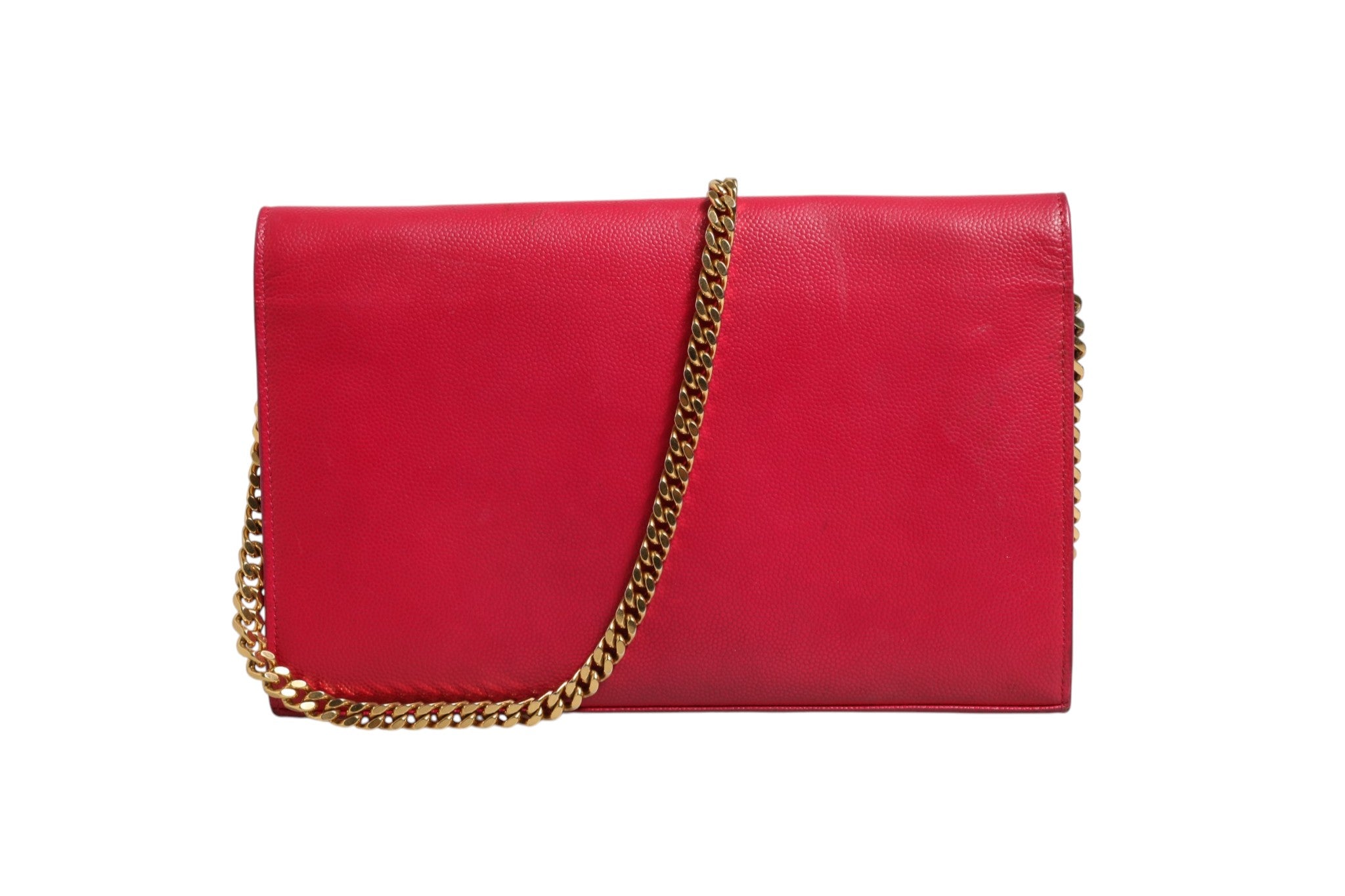 Portefeuille en cuir rouge Saint Laurent Monogramme avec chaîne, élégant sac à bandoulière en cuir et logo emblématique.