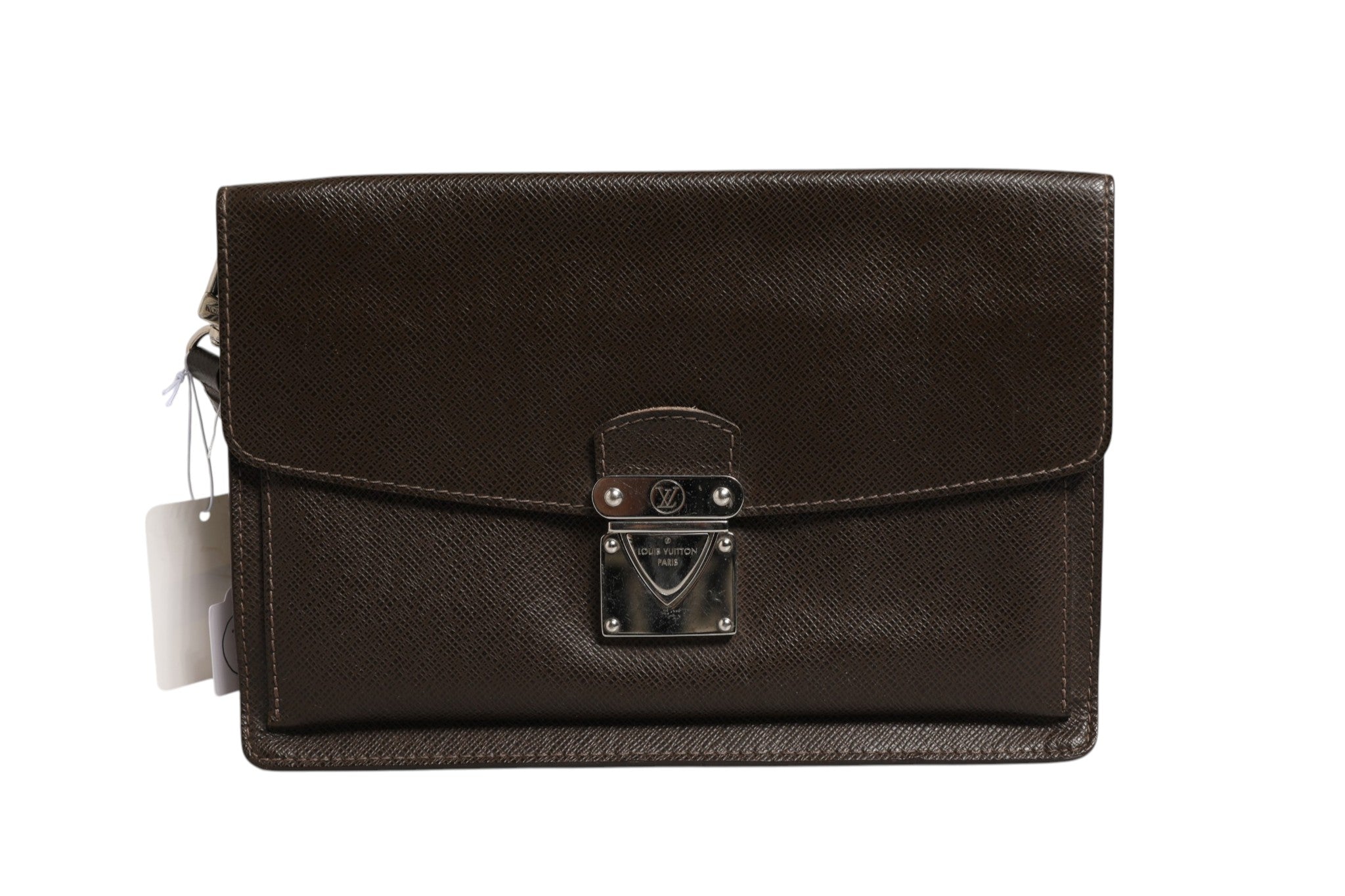 Pochette Louis Vuitton Belaia en cuir Taiga, sac à main élégant avec fermeture métallique et doublure intérieure durable.