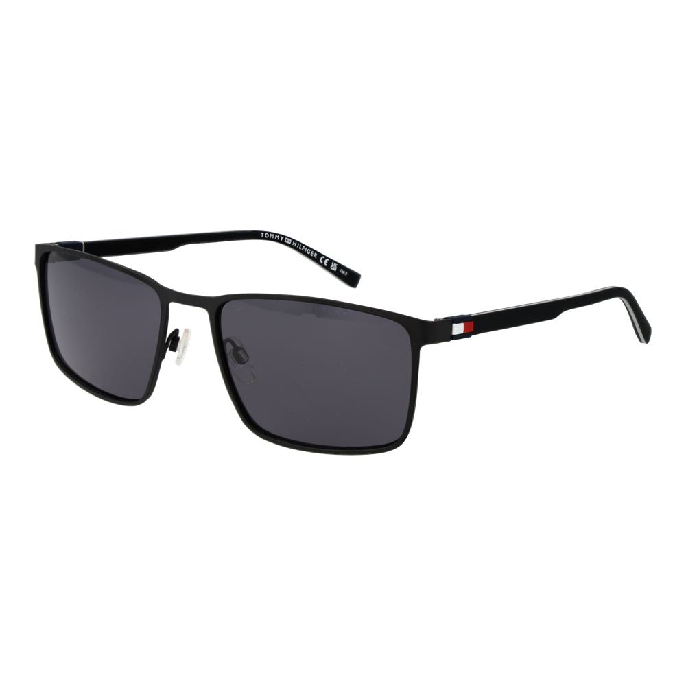 Lunettes de soleil en métal noires Tommy Hilfiger avec monture élégante et design moderne, visibles en gros plan.