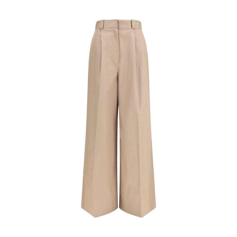 Pantalon évasé en coton beige de la marque Balenciaga, vue de face sur un mannequin, style élégant et décontracté.