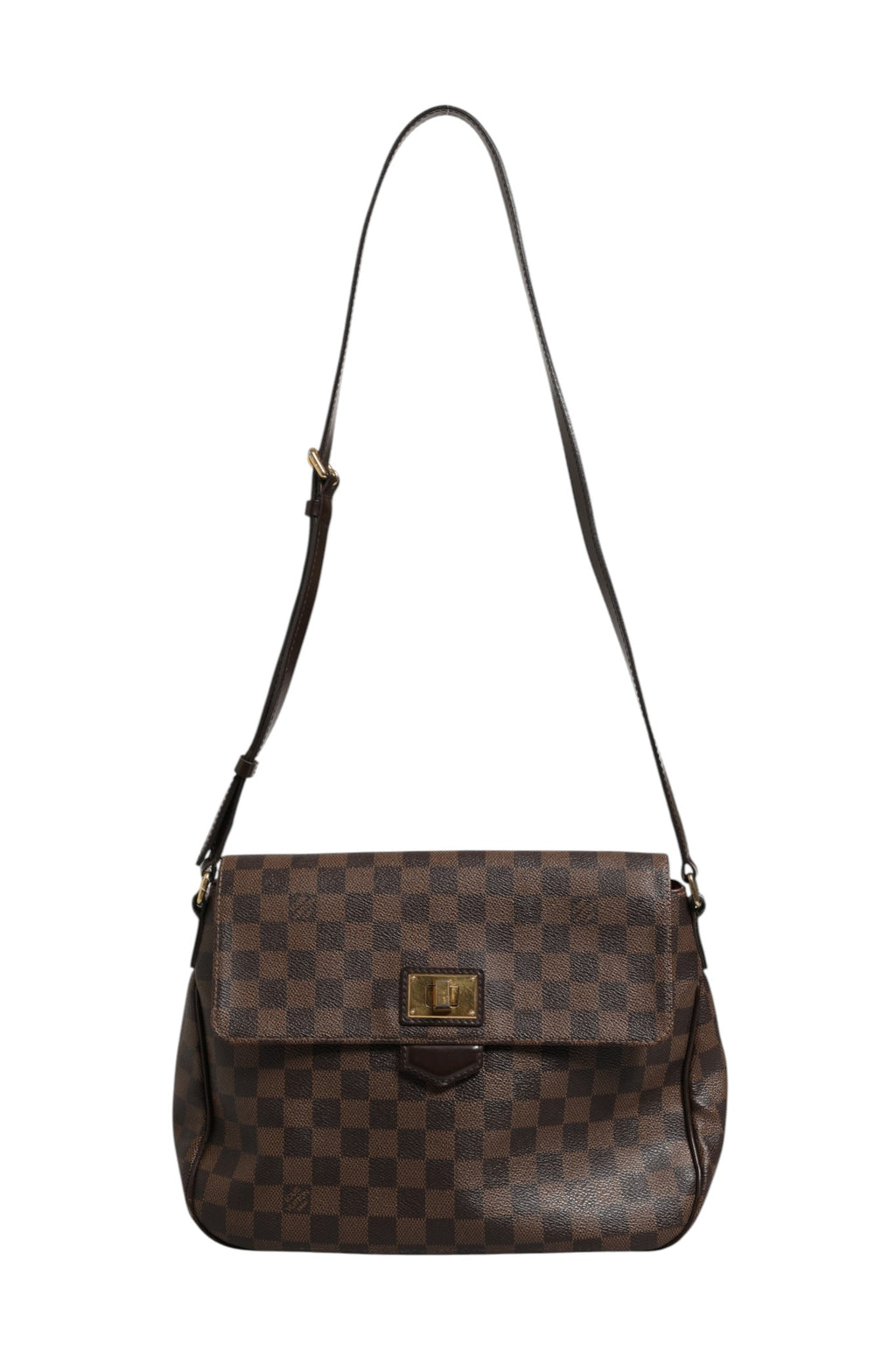 Sac bandoulière Louis Vuitton Damier Ebene Rosebery avec motif à carreaux, poignée en cuir et détails en métal doré.