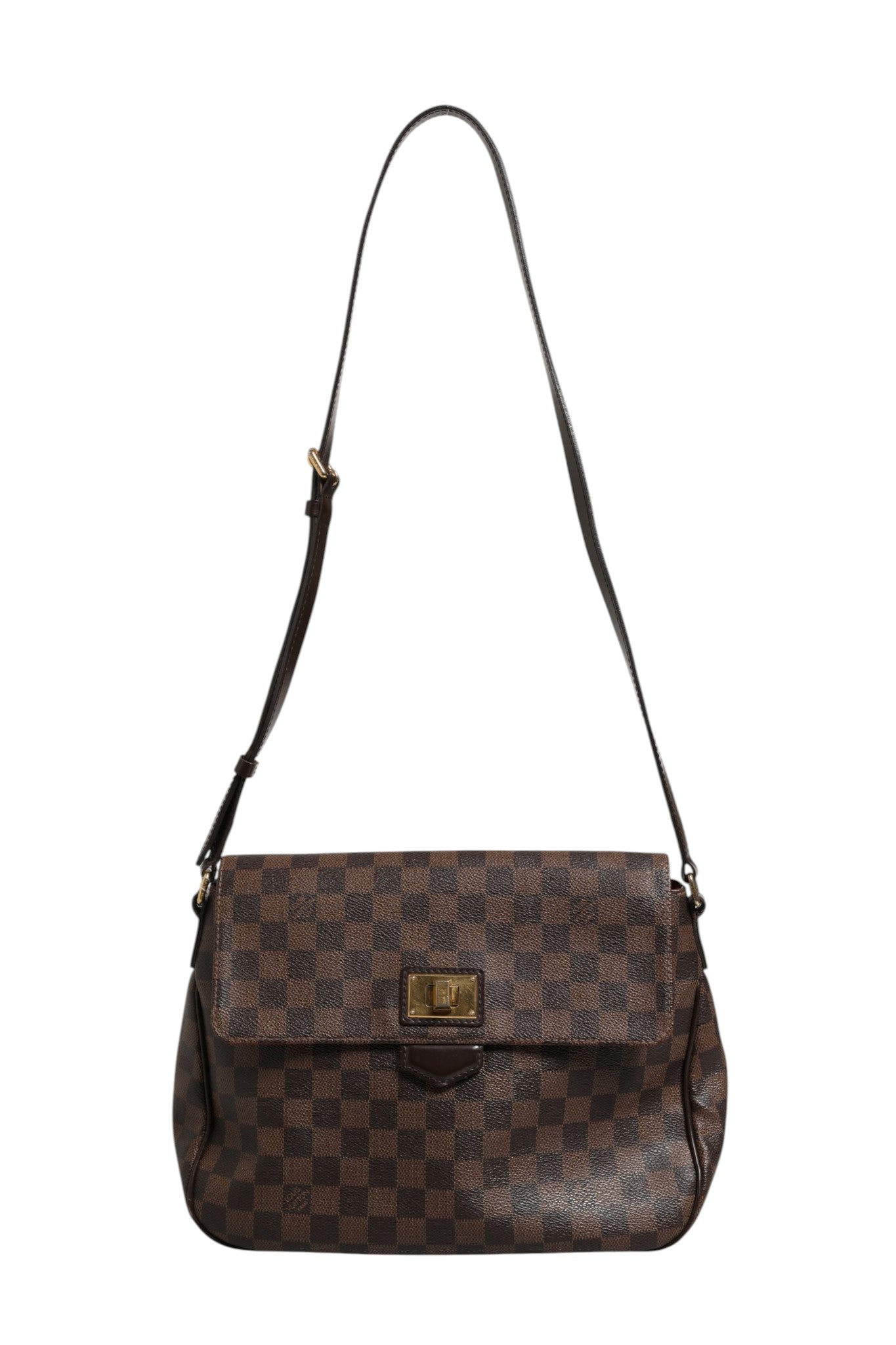 Sac bandoulière Louis Vuitton Damier Ebene Rosebery avec motif à carreaux, poignée en cuir et détails en métal doré.
