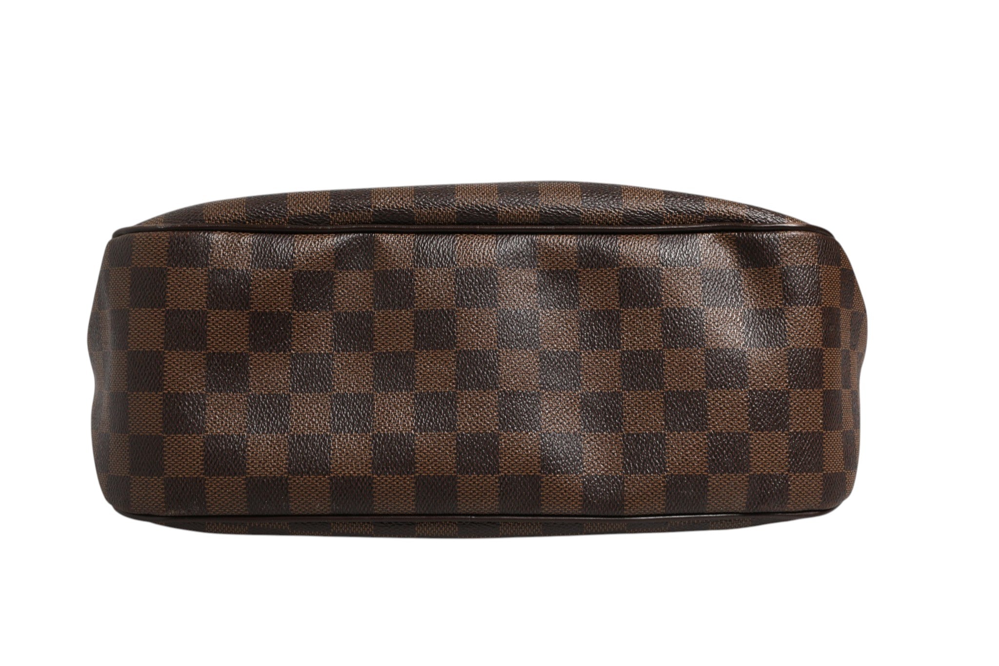 Sac à bandoulière Louis Vuitton Damier Ebene Rosebery, motif à carreaux bruns et rouges, avec détails en cuir et chaîne métallique.