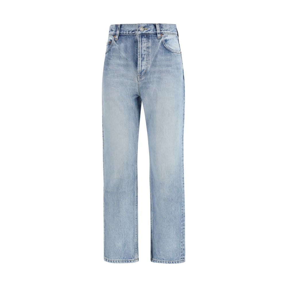Jeans cropped en coton bleu de la marque Saint Laurent, coupe tendance et détails modernes, visibles sur l’image.
