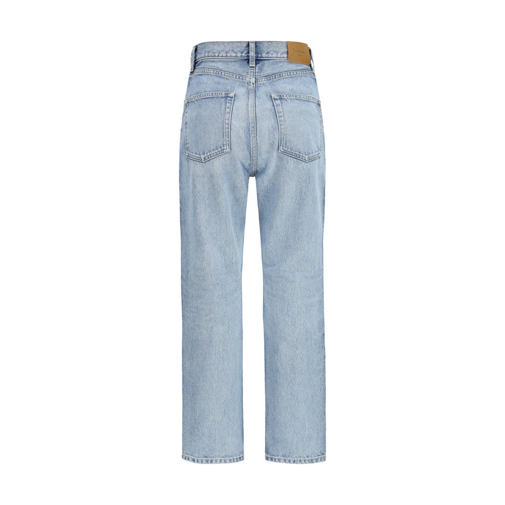 Jeans cropped en coton bleu Saint Laurent, coupe moderne, détails ajustés, vue frontale.
