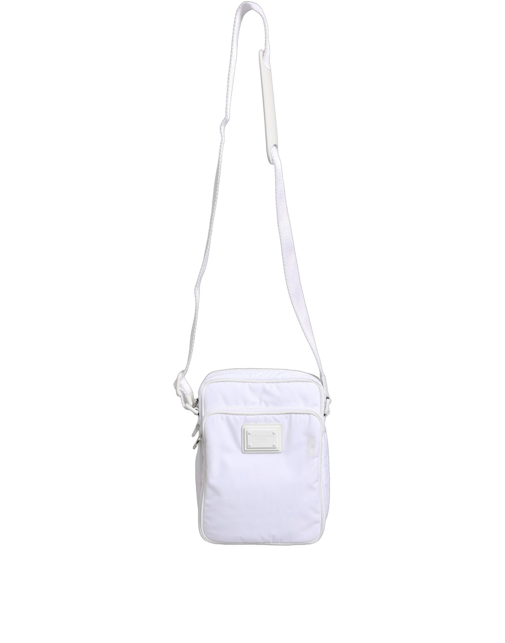 Sac à bandoulière Dolce & Gabbana blanc avec plaque logo, sac homme en cuir élégant et pratique.