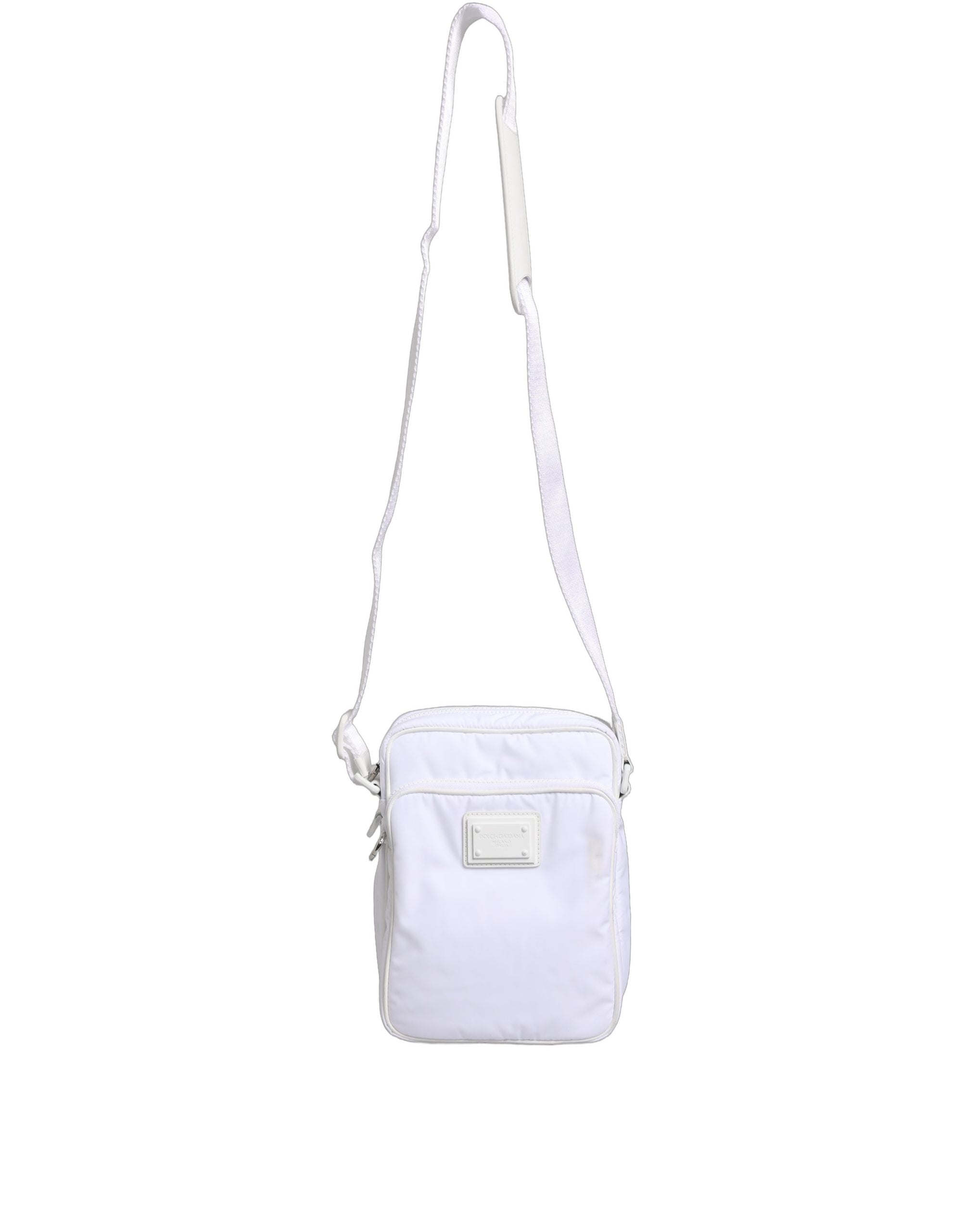 Sac à bandoulière Dolce & Gabbana blanc avec plaque logo, sac homme en cuir élégant et pratique.