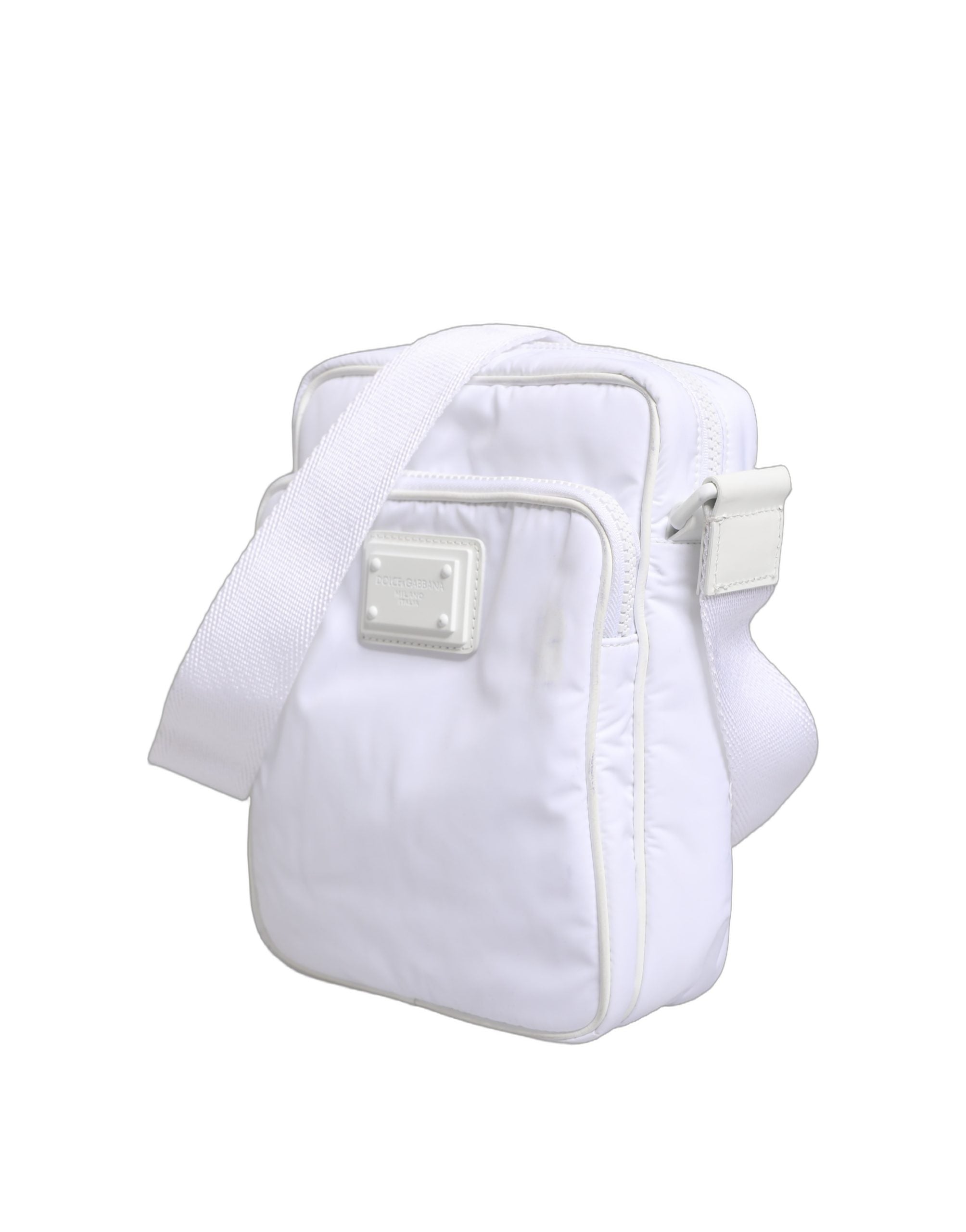 Sac à bandoulière homme Dolce & Gabbana blanc avec plaque logo, design élégant et pratique, en cuir.