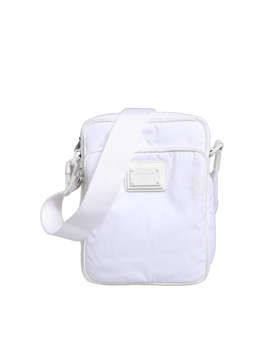 Sac messager Dolce & Gabbana blanc avec plaque logo, poches pour homme, en cuir élégant et tendance.