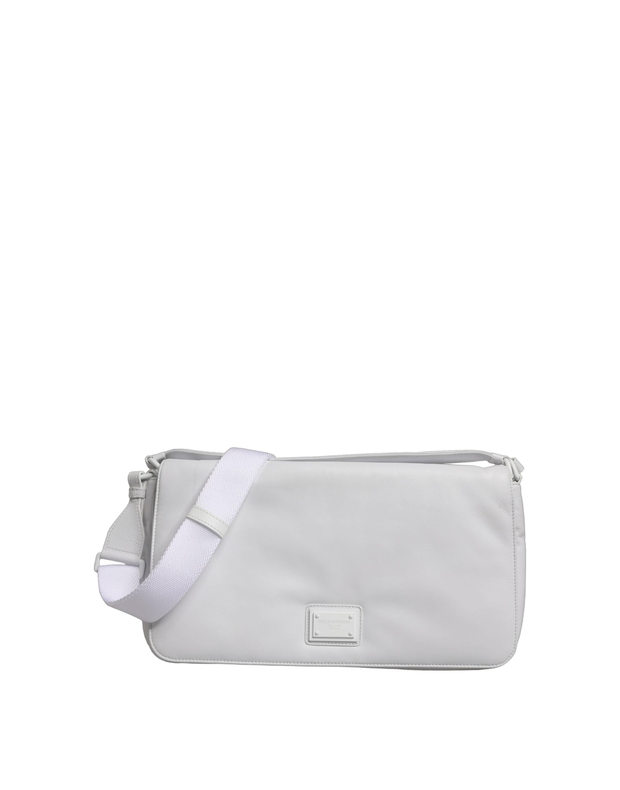 Sac à bandoulière Dolce & Gabbana blanc avec plaque logo, accessoire élégant pour femmes, vue de face avec détails du produit