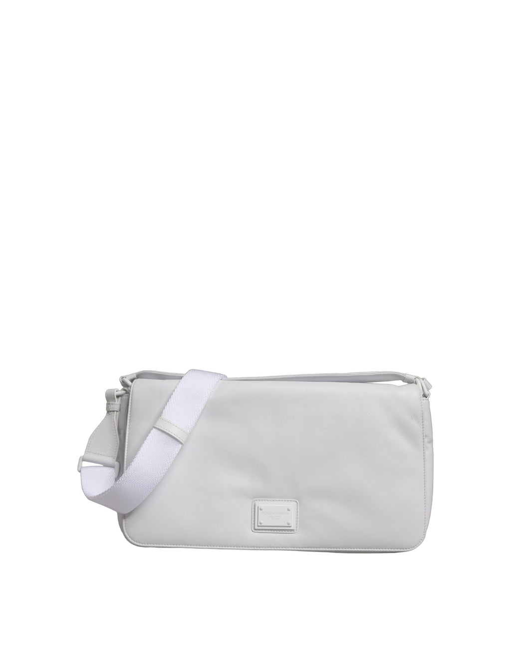 Sac à bandoulière Dolce & Gabbana blanc avec plaque logo, design élégant pour femmes, en cuir avec détails sophistiqués.