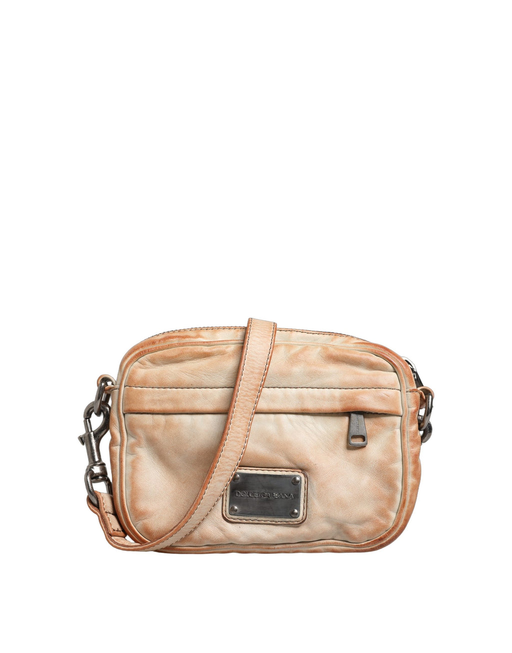 Sac à bandoulière en cuir beige vintage Dolce & Gabbana avec plaque logo pour homme, style élégant et classique.