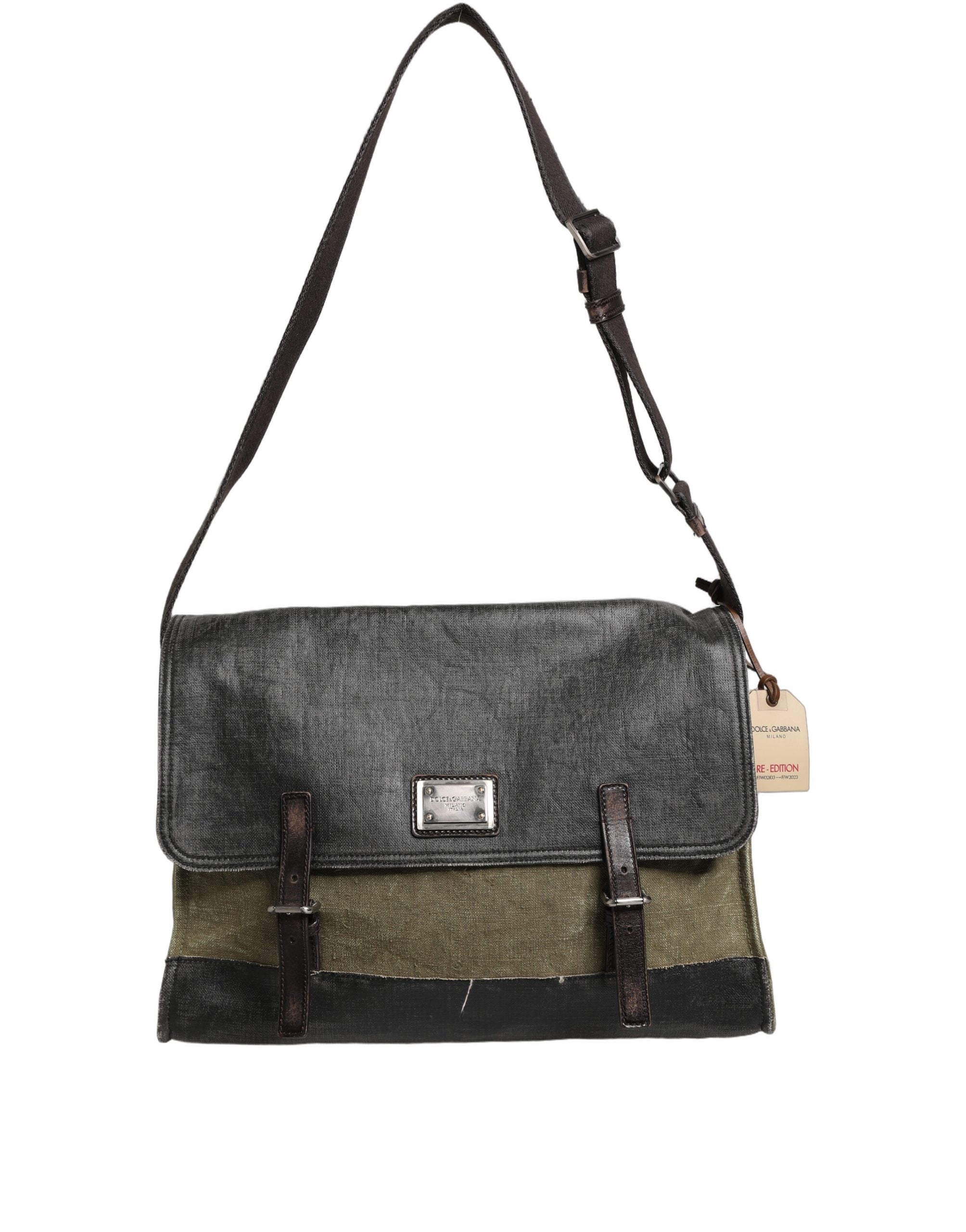 Sac messager homme Dolce & Gabbana vert militaire à deux tons, style élégant avec bandoulière en cuir.