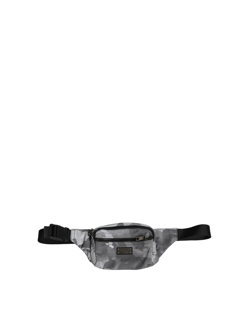 Sac banane Dolce & Gabbana en nylon noir avec motifs camouflage et plaque en laiton, portée à la taille.