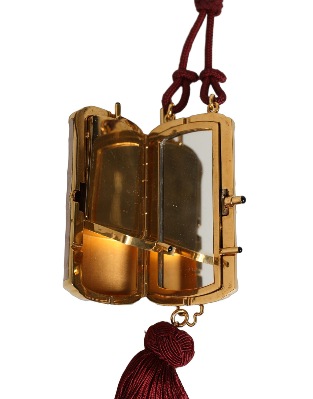 Trousse à maquillage Dolce & Gabbana en cuir exotique rose avec miroir miniature et tassel élégante.