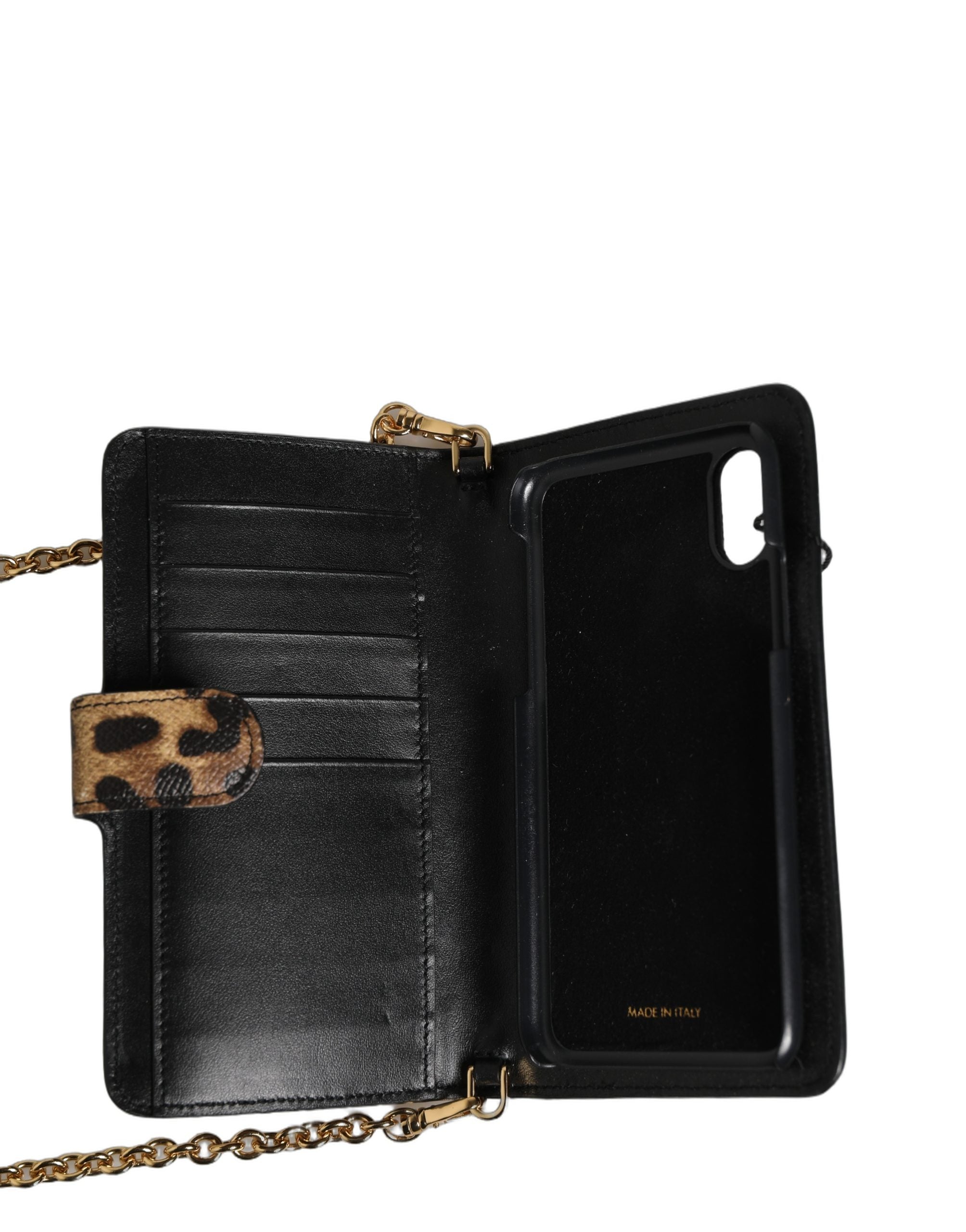 Coque en cuir marron à motif léopard avec cristaux pour iPhone X/Xs de Dolce & Gabbana, design élégant et sophistiqué.