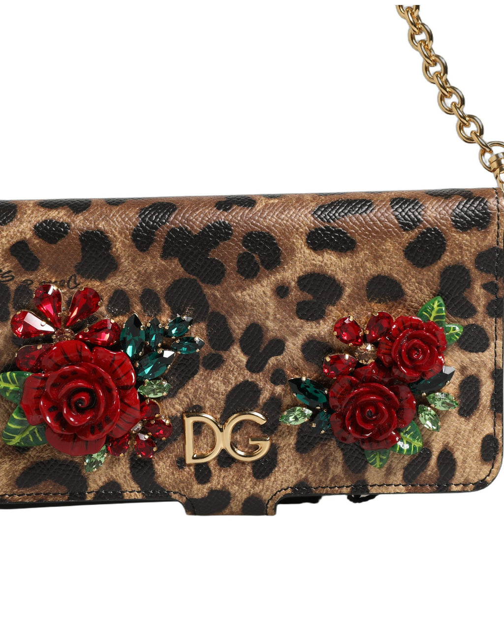 Coque de téléphone Dolce & Gabbana pour iPhone X/XS, flip cover marron léopard avec cristaux, design élégant et sophistiqué.