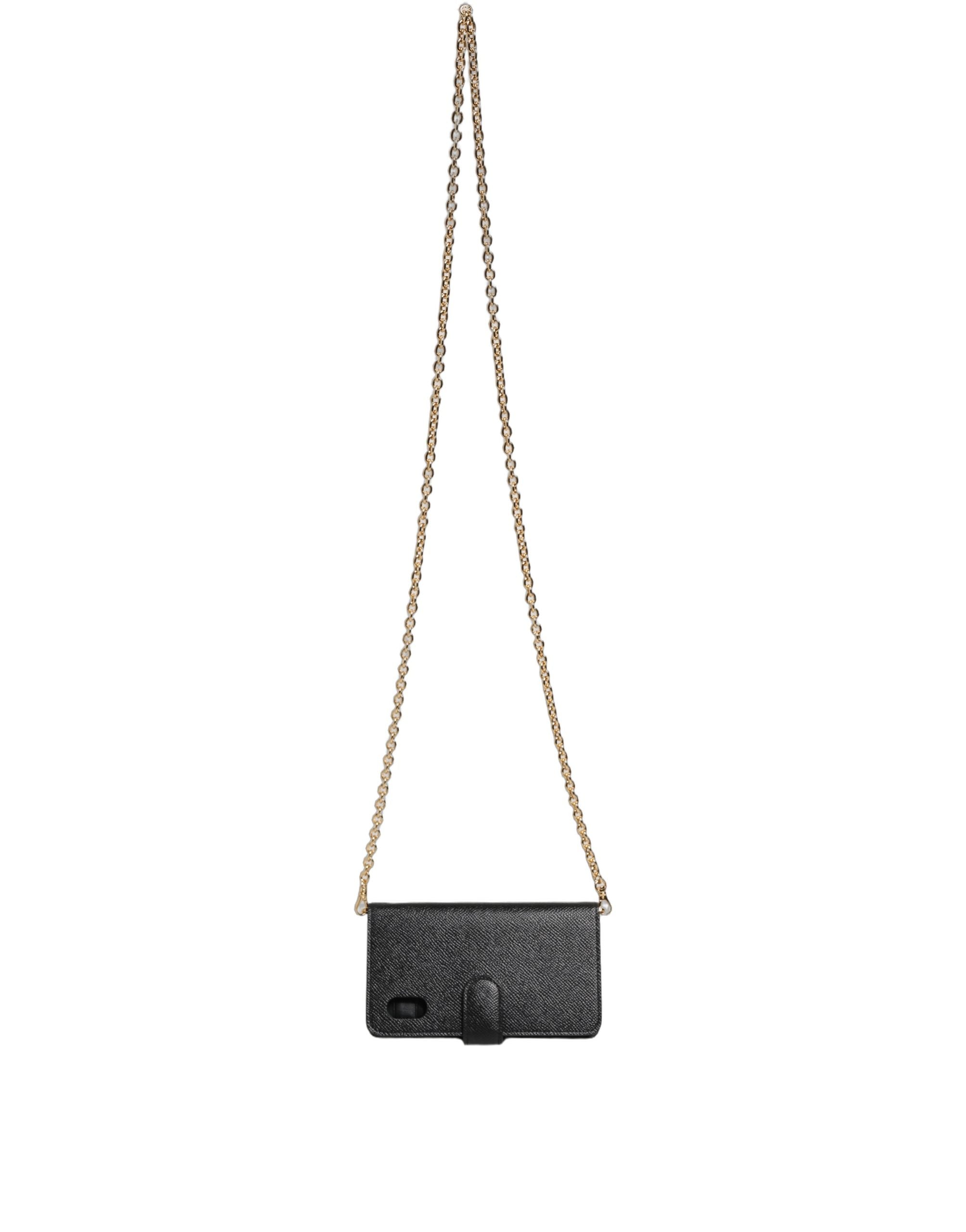 Coque à rabat Dolce & Gabbana en cuir de veau noir pour iPhone X et XS, élégante protection pour smartphone.