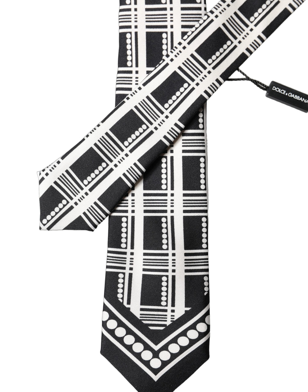 Dolce & Gabbana Black White Abstract Silk Adjustable Men Tied Necktie Tie