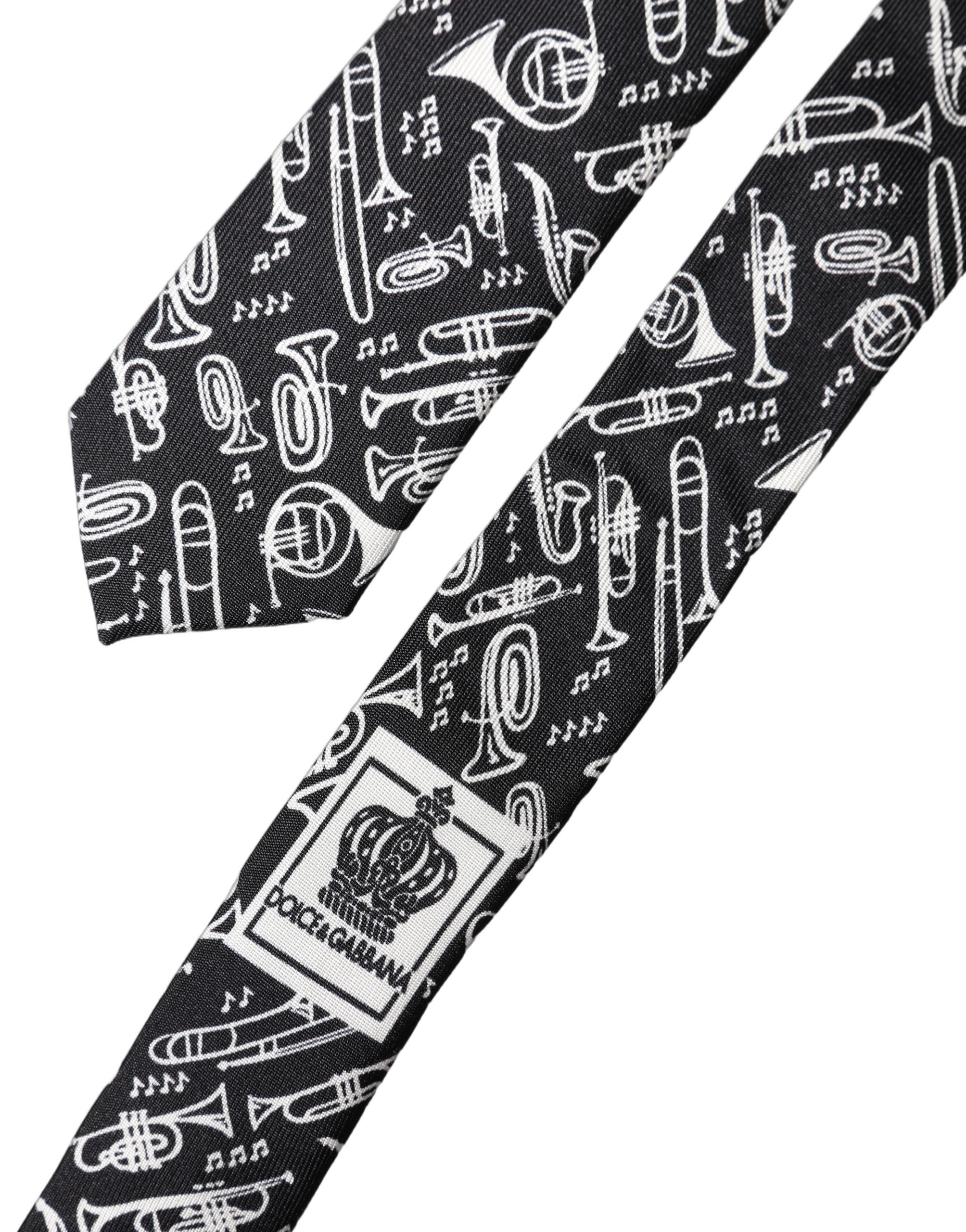 Dolce & Gabbana Black Trumpet Print Silk Adjustable Men Tied Necktie Tie