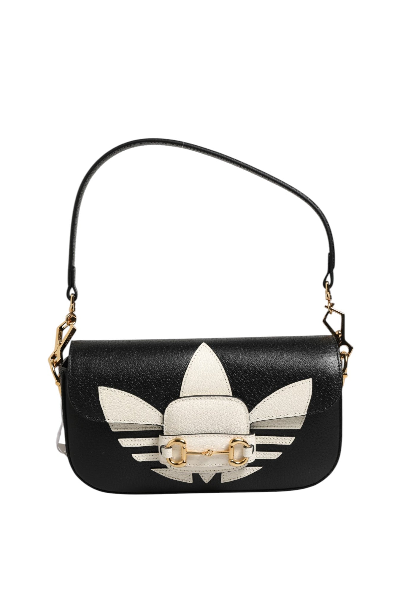 Sac à main Gucci Horsebit 1955 avec bandoulière en cuir et métal doré, design élégant et classique.
